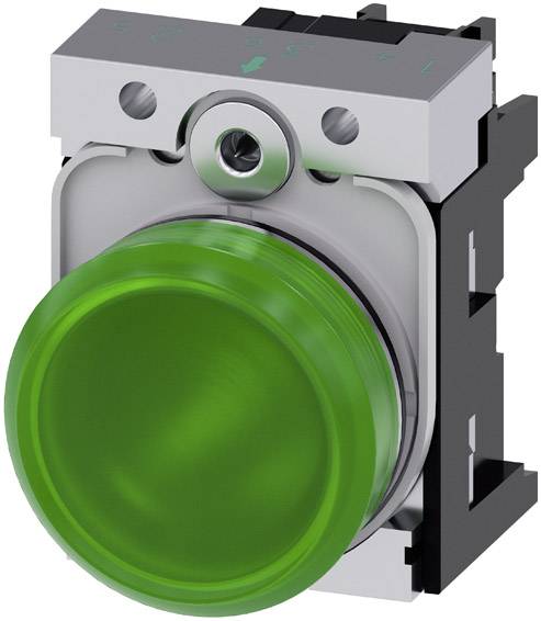Un bouton-poussoir vert, souvent utilisé dans les commandes industrielles, monté dans un boîtier rectangulaire avec un cadre gris et une fixation métallique.