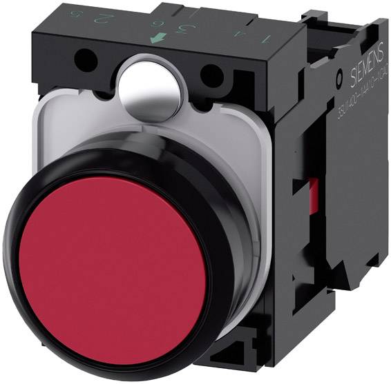 Module de bouton-poussoir rouge avec boîtier noir, souvent utilisé dans des applications industrielles ou électriques pour le contrôle et la commande.