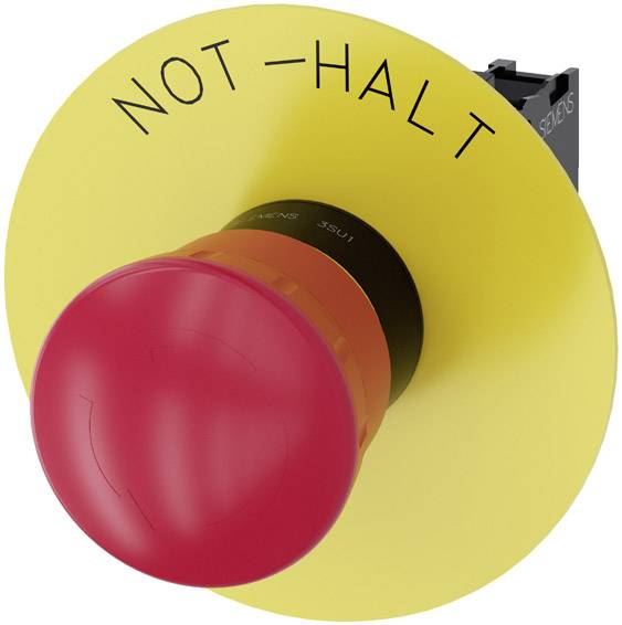 Grand bouton d'arrêt d'urgence rouge sur une plaque jaune, avec le texte noir 'ARRÊT D'URGENCE'. Dispositif de sécurité pour l'arrêt d'urgence.