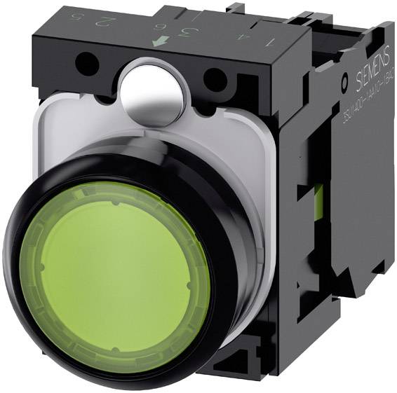 Un bouton-poussoir vert Siemens dans un boîtier noir, utilisé dans les systèmes de commande industriels pour le contrôle ou l'indication d'états.