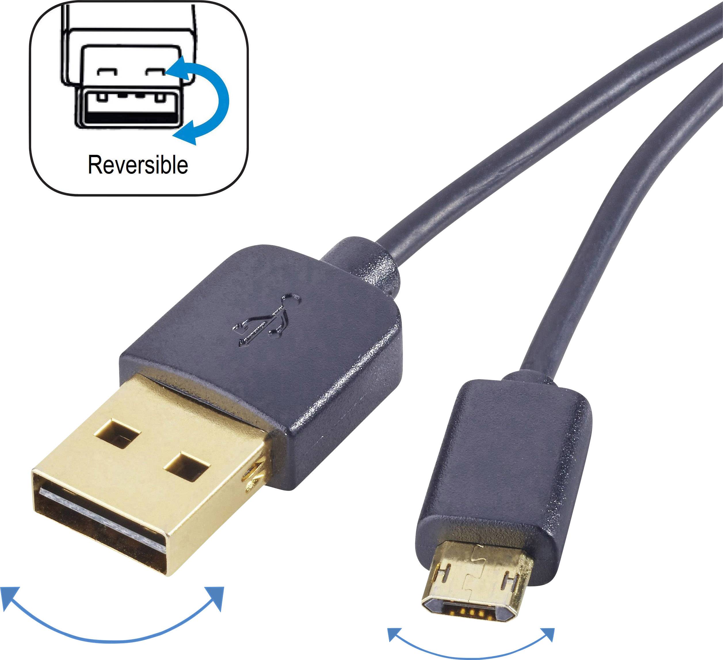 Câble USB avec fiches réversibles, connecteurs USB-A et Micro-USB. Des flèches indiquent la possibilité de branchement bidirectionnel.