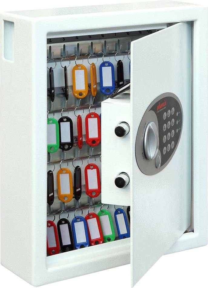 Boîte à clés ouverte avec serrure à combinaison, contenant différents porte-clés colorés.