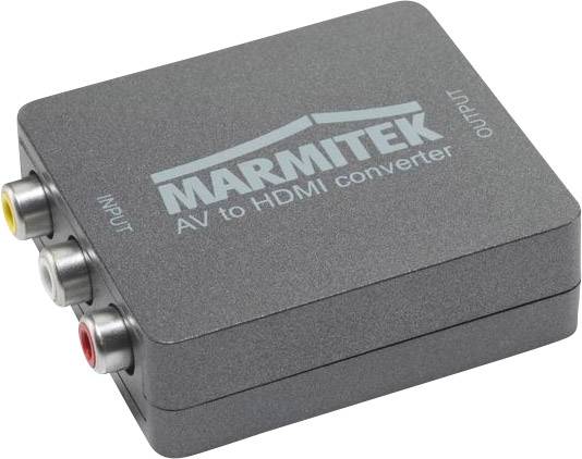 Un convertisseur Marmitek AV vers HDMI avec des connexions pour la vidéo et l'audio, portant les inscriptions 'INPUT' et 'OUTPUT' sur le dessus.