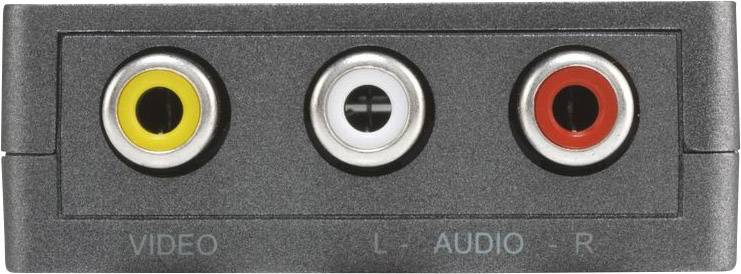 Trois prises RCA sur un boîtier noir : jaune pour la vidéo, blanc pour le canal audio gauche et rouge pour le canal audio droit.