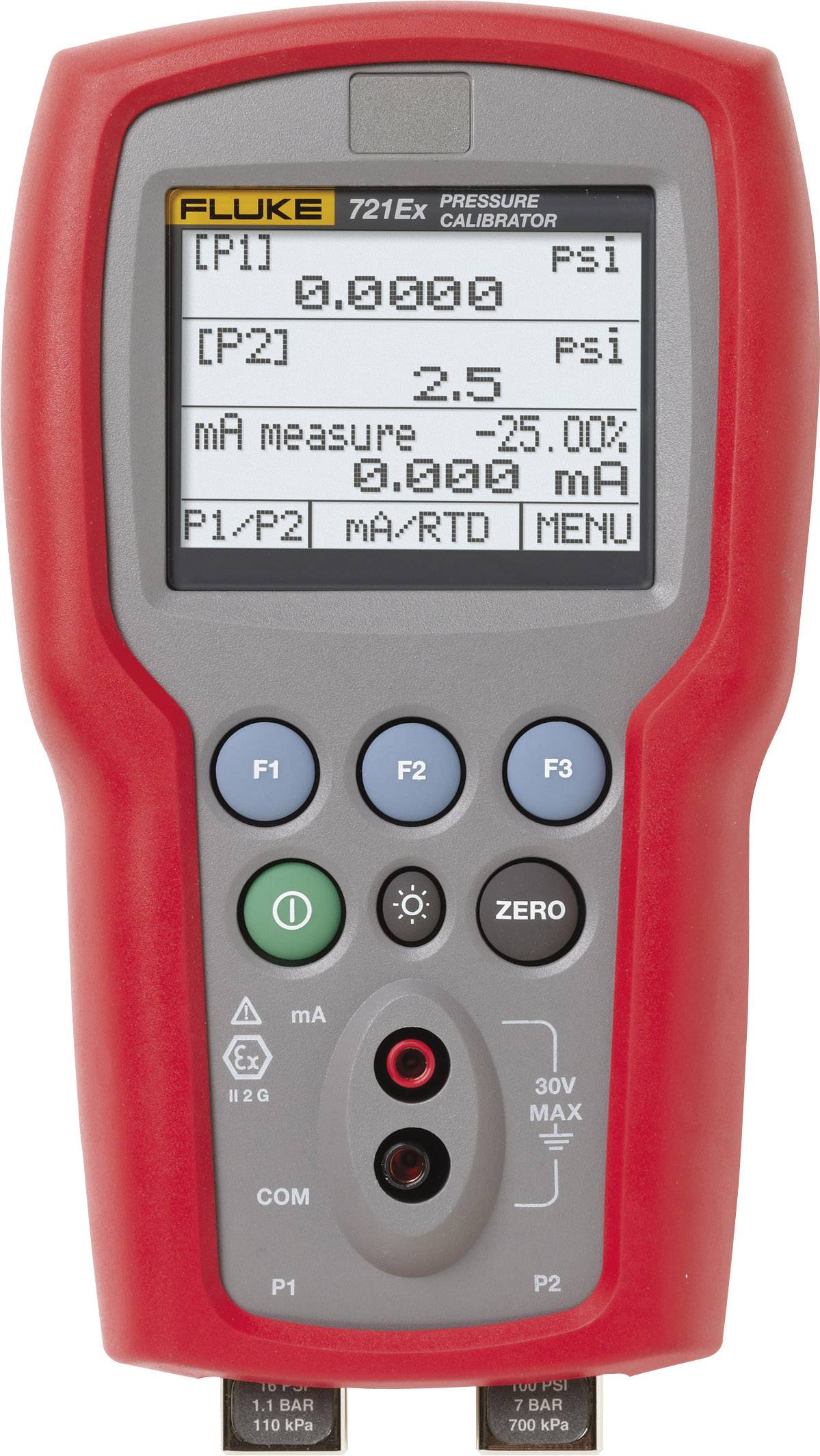 Un appareil de calibration de pression rouge avec affichage numérique montre les valeurs de pression '0,0000 PSI' et '2,5 mA à -25,00 %'.