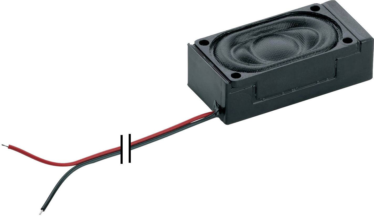 Haut-parleur rectangulaire avec deux câbles apparents, l'un rouge et l'autre noir, pour la connexion électrique.