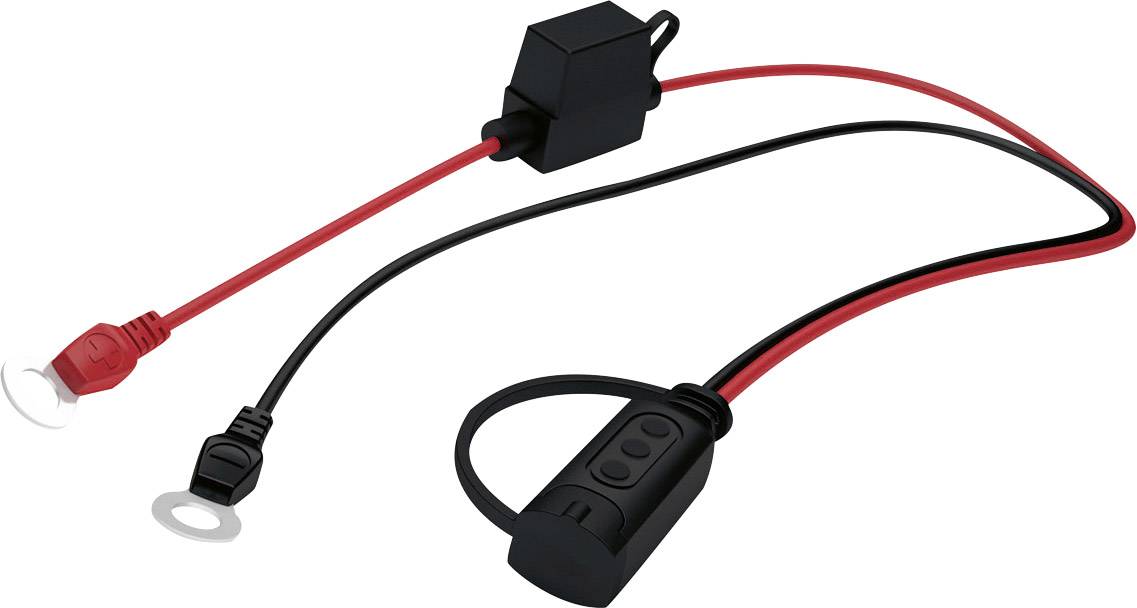 Un chargeur avec des câbles rouges et noirs, des bornes de connexion et un boîtier de fusibles. Adapté pour les connexions de batterie.