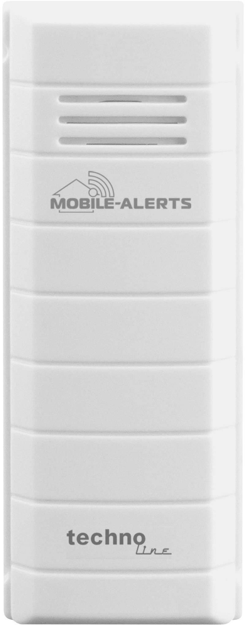 Un capteur blanc portant les inscriptions 'Mobile-Alerts' et 'Techno Line'. Il dispose d'ouvertures de ventilation en haut et sert à la collecte de données.