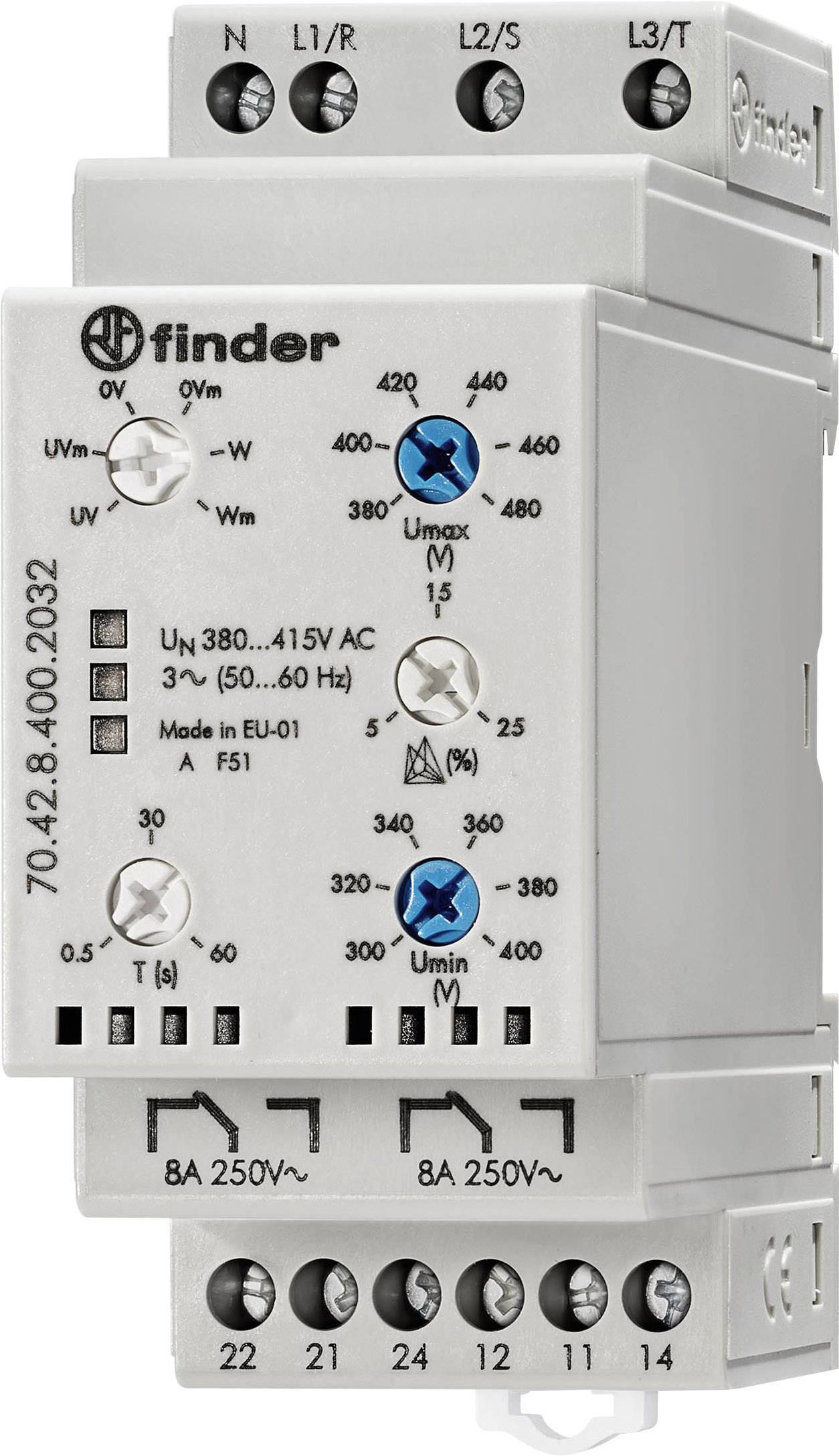 Un relais de surveillance de tension triphasé de Finder avec indication des fonctions, des réglages de tension et des connexions.