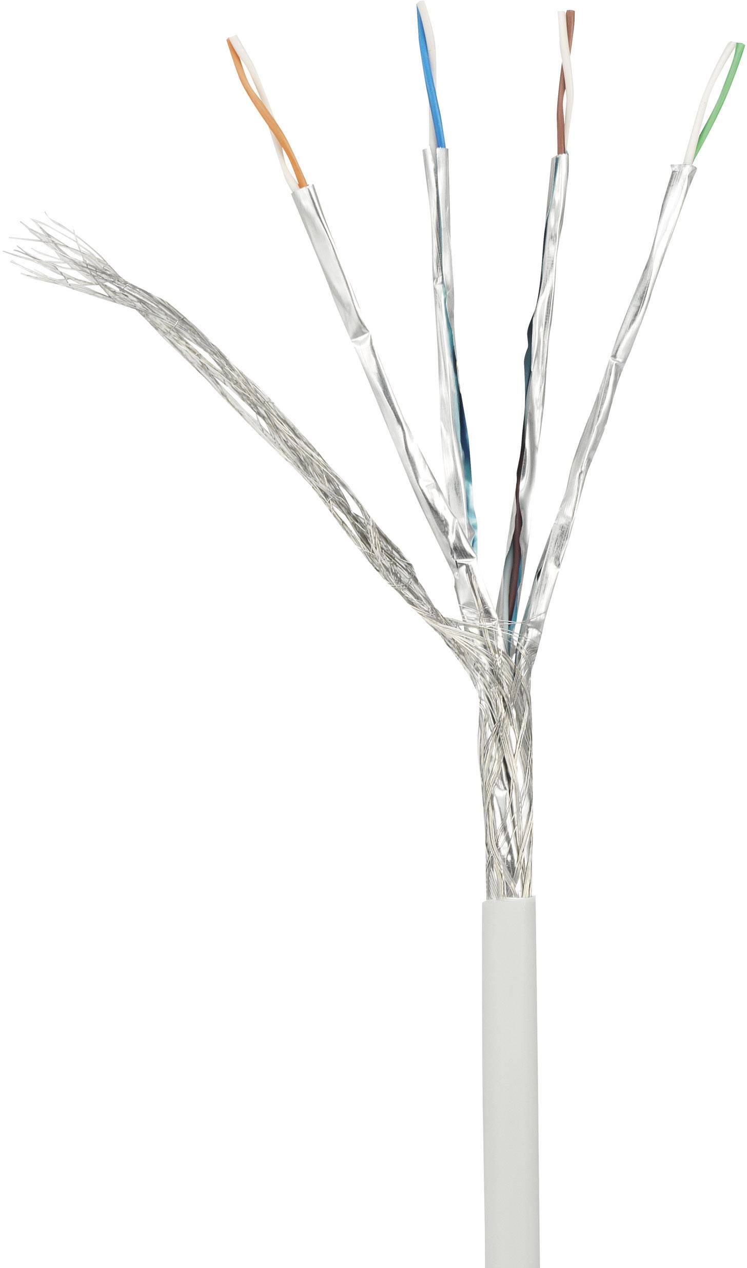 Un câble Ethernet ouvert avec quatre fils blindés de couleurs différentes - gris, orange, bleu et vert - se débranchant du câble principal.
