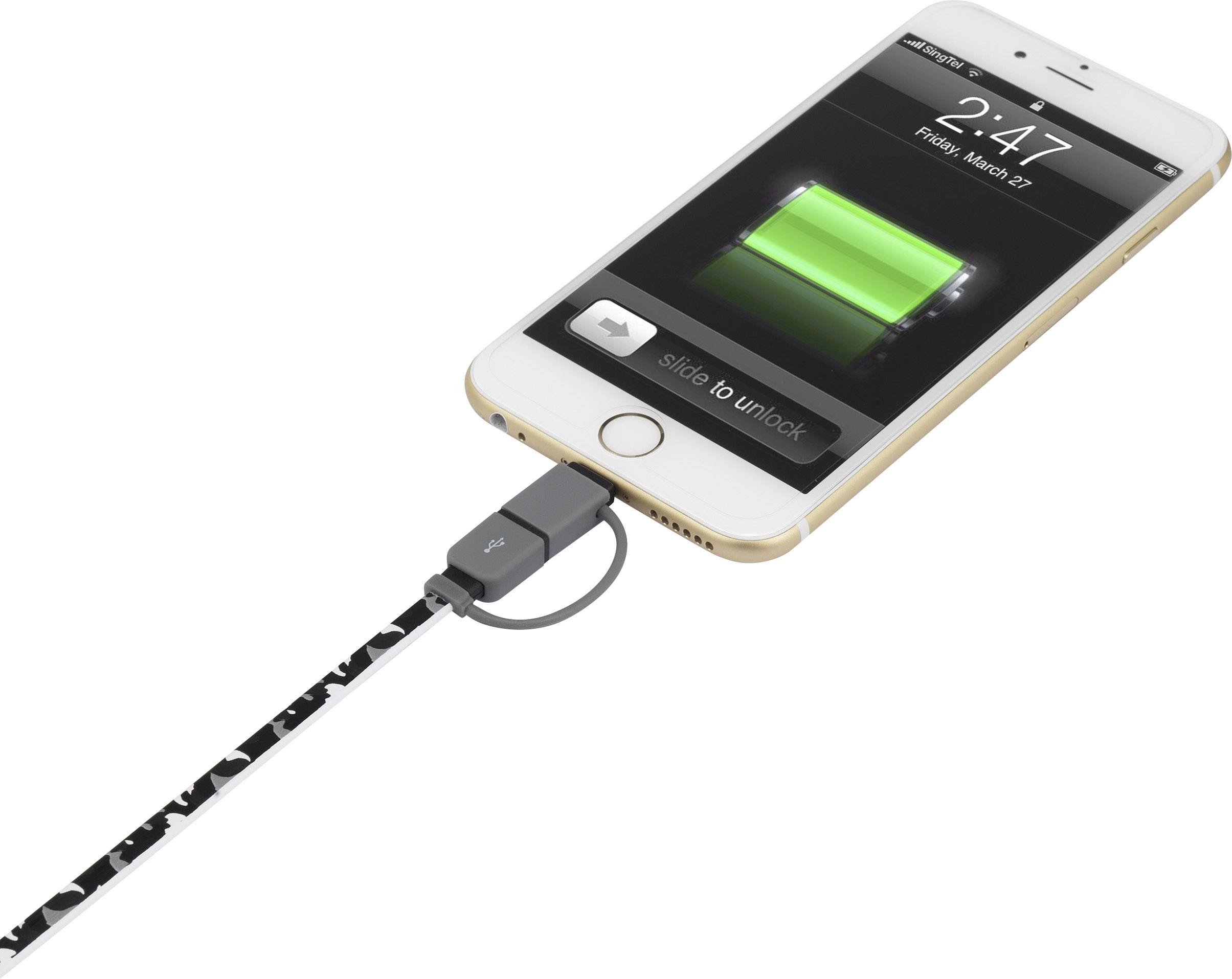 Un smartphone est en train de se recharger, un câble est branché. L'écran affiche une jauge de batterie verte et l'heure 2:47.