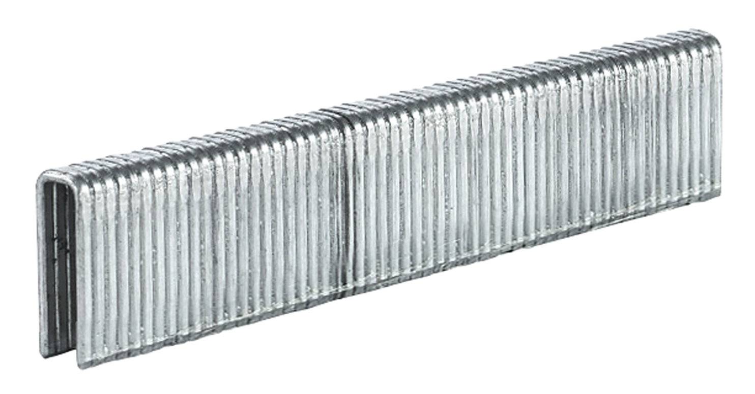 Une bande d'agrafes métalliques, représentée latéralement, composée de nombreuses agrafes connectées en ligne.