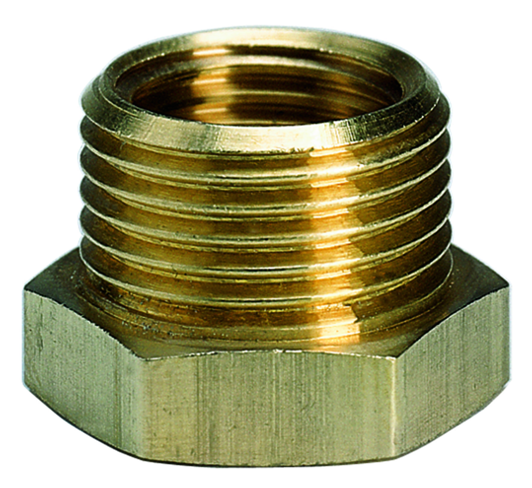 Un réducteur hexagonal en laiton avec filetage externe, utilisé pour raccorder deux tuyaux de diamètres différents.