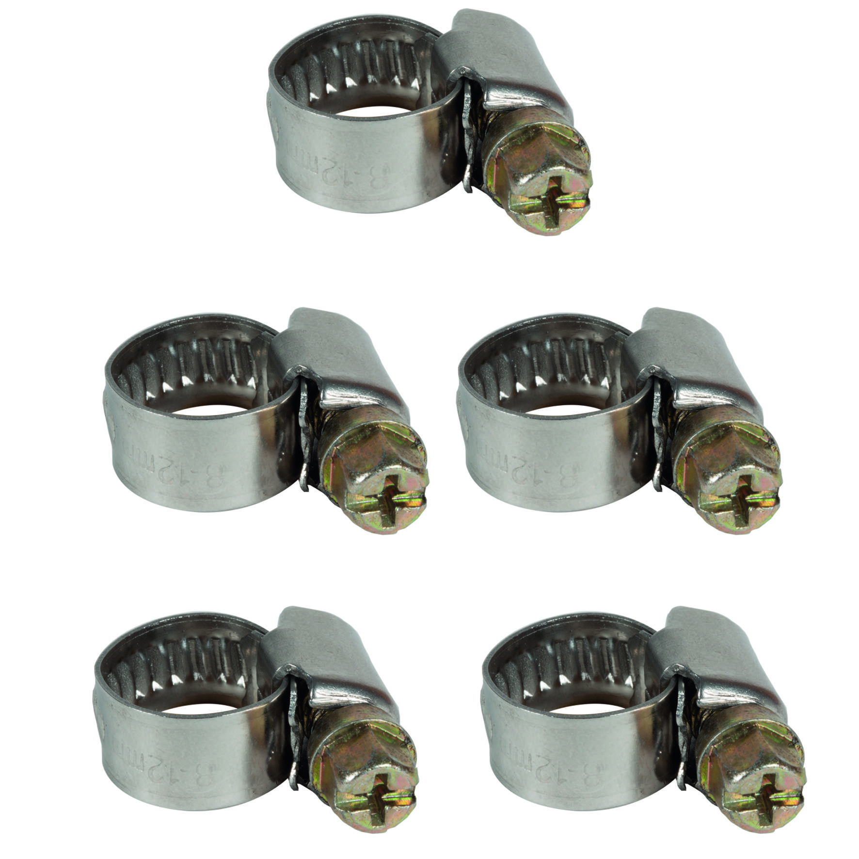 Six colliers de serrage en acier inoxydable disposés en deux rangées. Ces colliers sont destinés à fixer des tuyaux sur des raccords.