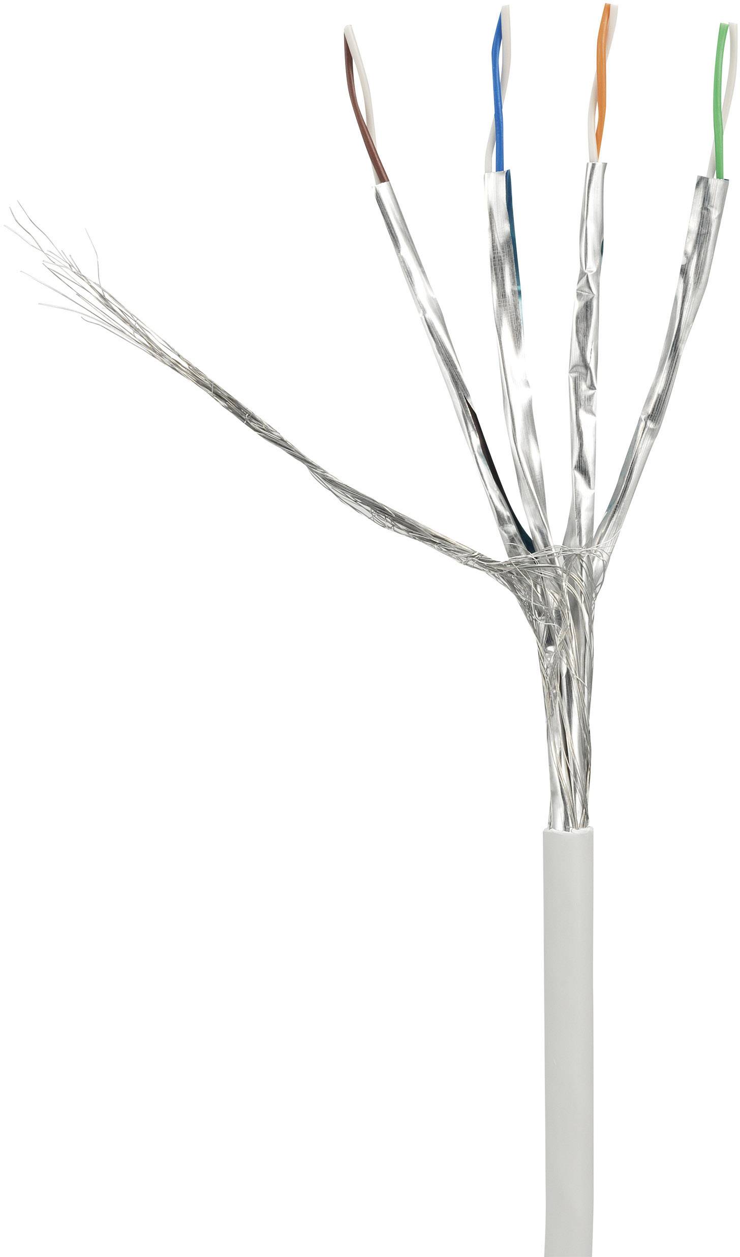 Un câble partiellement dénudé avec quatre conducteurs de différentes couleurs exposés.