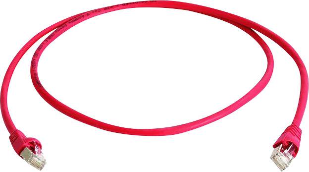 Câble Ethernet rouge avec deux connecteurs RJ-45 aux extrémités, adapté aux connexions réseau et Internet.