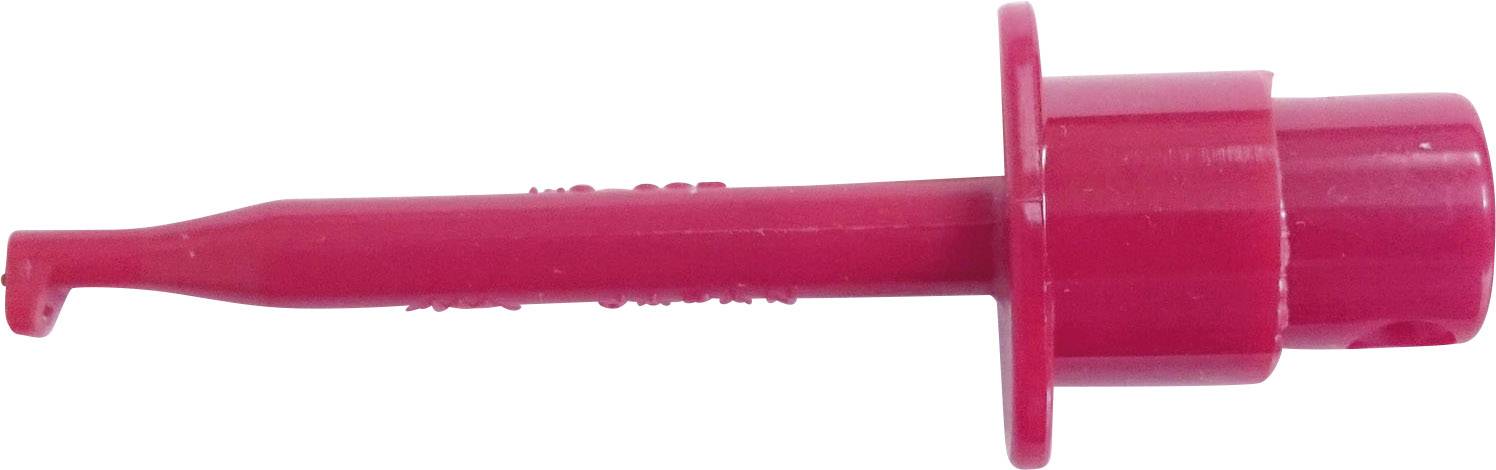 Un crochet de sonde de test rouge avec une poignée isolée et un embout en crochet, utilisé pour des connexions électriques sûres lors de mesures de test.