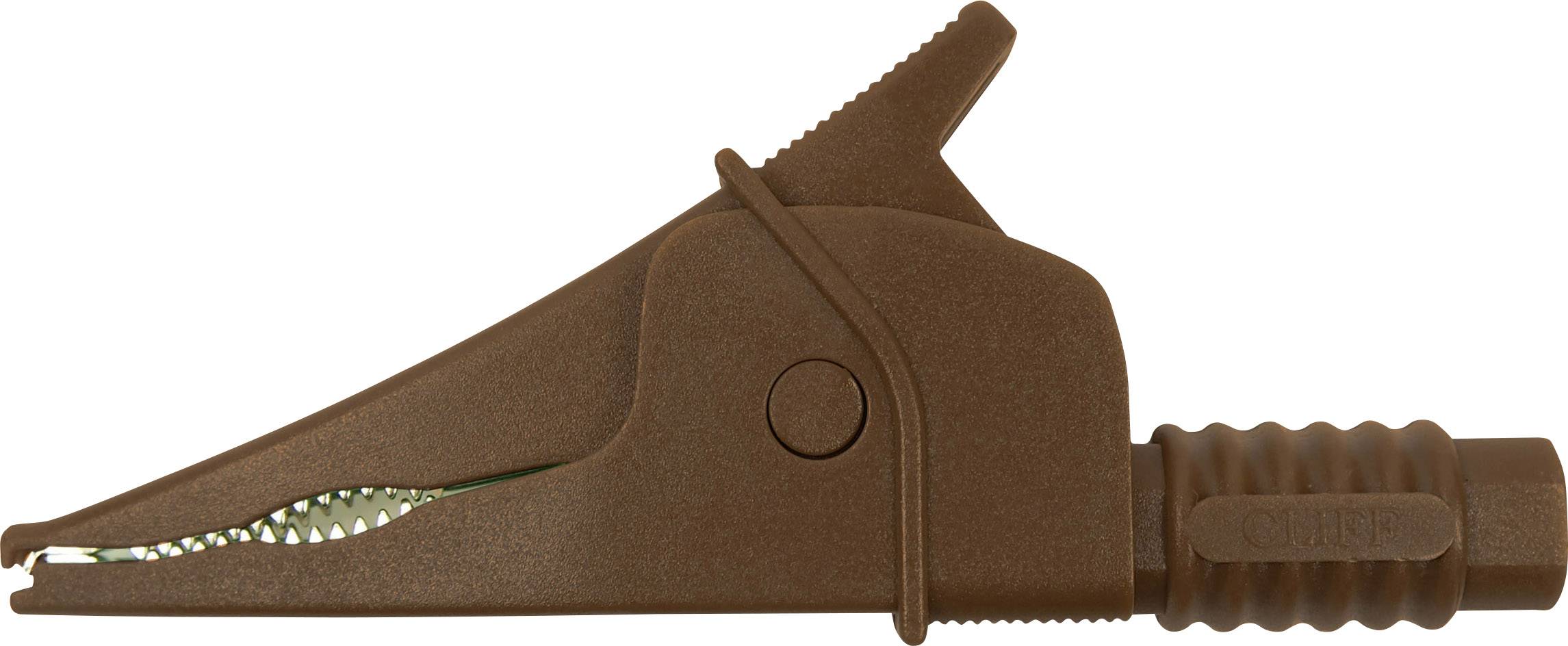 Une pince crocodile marron avec une mâchoire dentelée et une poignée cannelée pour les connexions électriques.