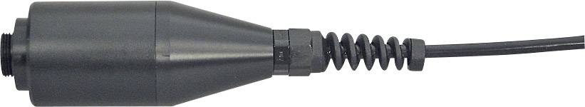 Câble noir avec une gaine de protection robuste, se terminant par un élément de suspension flexible, probablement destiné à des applications techniques.