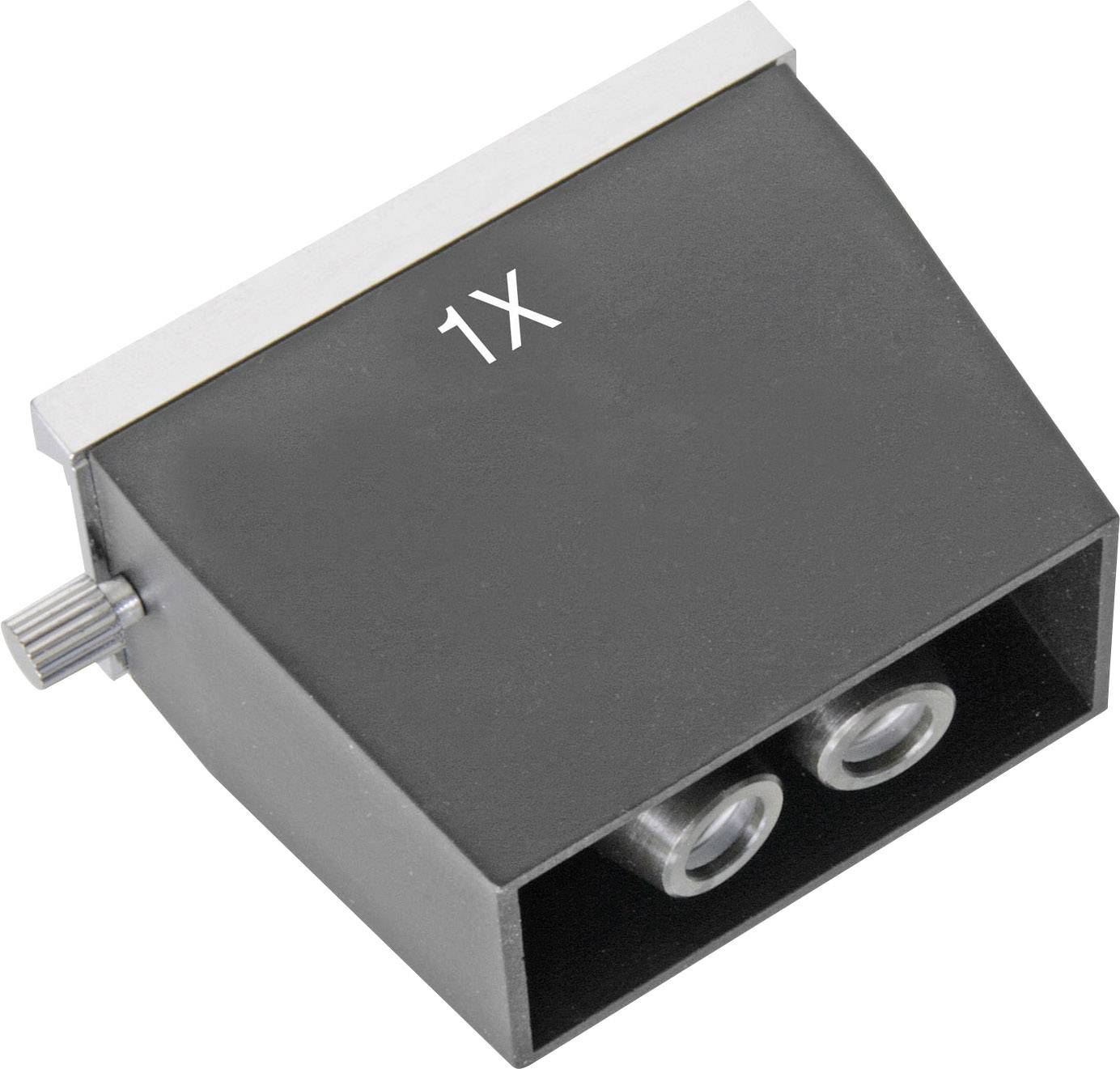 Adaptateur optique noir portant l'inscription '1X' et comportant deux lentilles sur sa face inférieure, probablement destiné à des fins de grossissement.