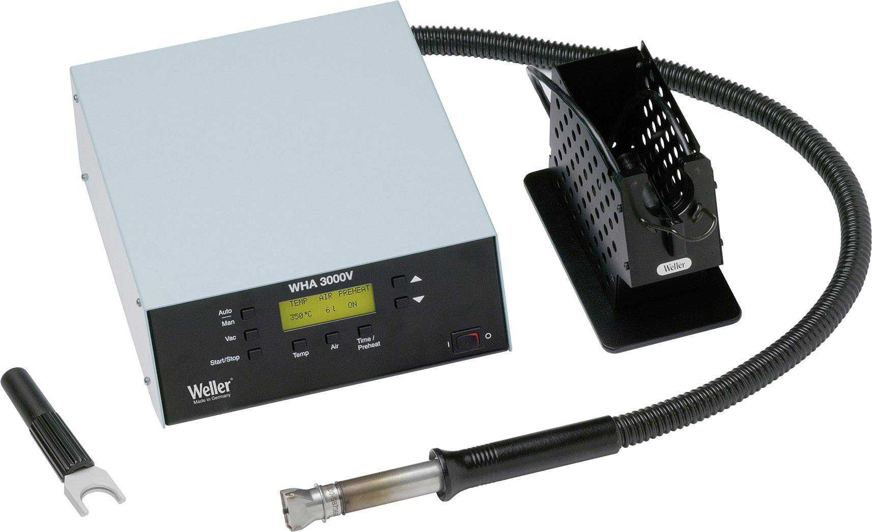 Station de soudage avec affichage numérique, tuyau et support. Marque : Weller WHA 3000V. Comprend des éléments de commande et un adaptateur d'outil.