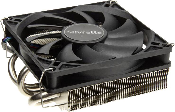 'Dissipateur thermique CPU noir avec ventilateur et caloducs, portant la mention 'Silvretta'. Optimisé pour une évacuation thermique efficace dans les ordinateurs.'