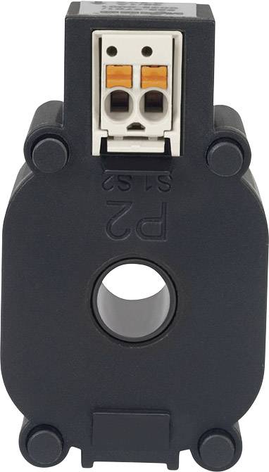 Convertisseur de courant noir avec boîtier rectangulaire et ouverture circulaire au centre, équipé en haut de deux bornes de connexion orange.