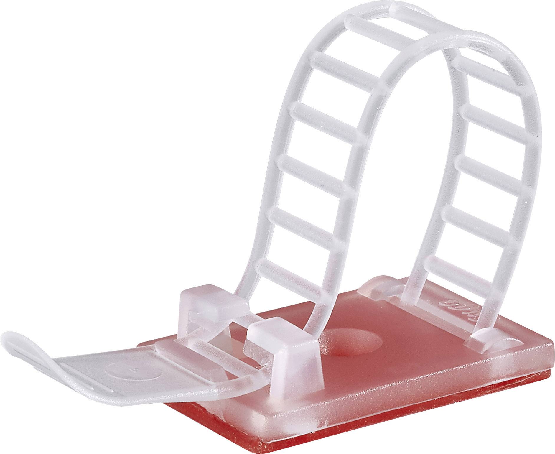 Un support de câble blanc avec un socle rouge qui maintient les câbles en toute sécurité. Adapté pour un guidage ordonné des câbles sur des surfaces planes.