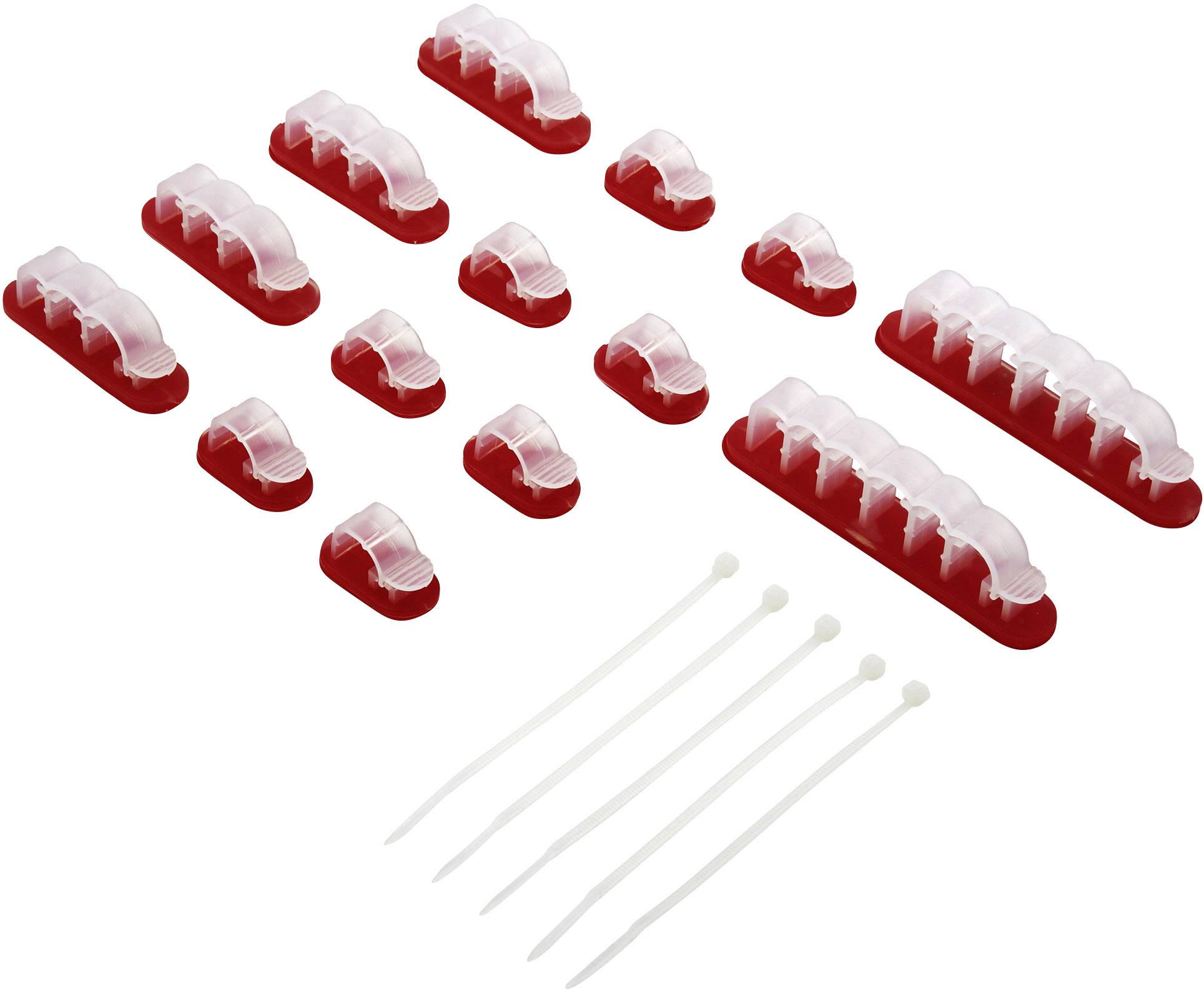 Pinces de câble rouges et transparentes de différentes tailles, disposées en rangées, avec des attaches de câbles blanches en dessous.