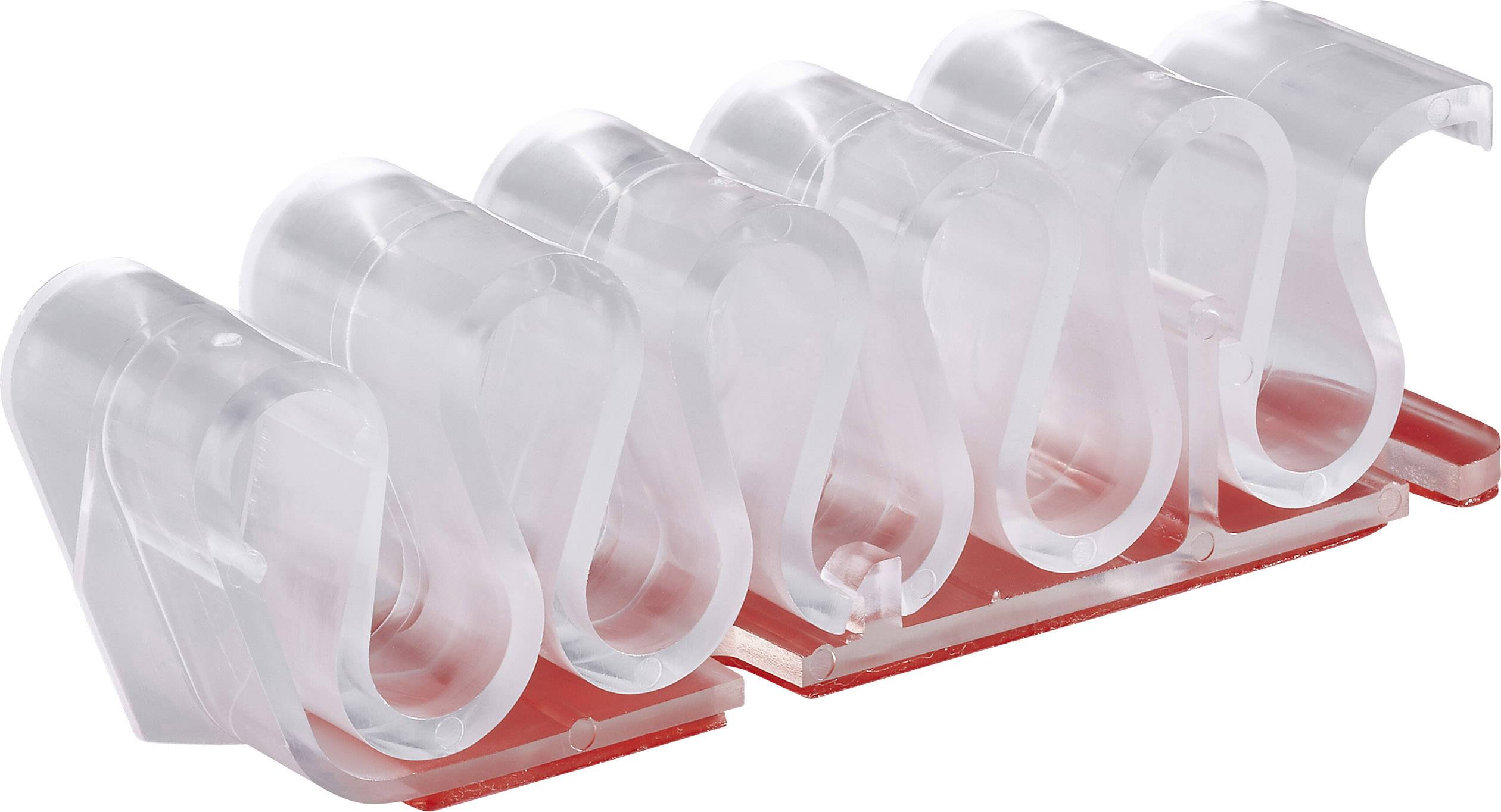 Support de câbles en plastique transparent et flexible avec base rouge, adapté pour organiser les câbles sur les surfaces de travail.