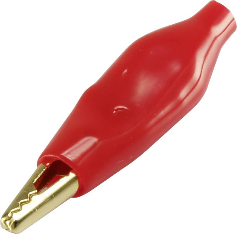 Pince crocodile rouge avec poignée isolée et mâchoires métalliques, utilisée pour une connexion électrique temporaire.
