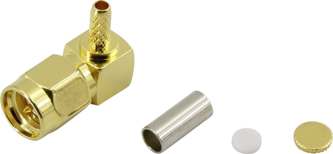 Connecteur SMA coudé doré et accessoires disposés en ligne.