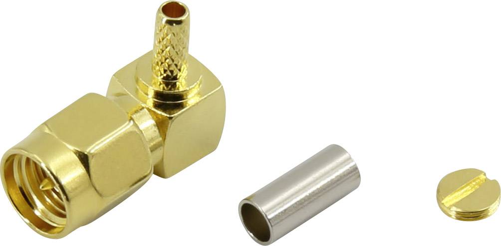 Connecteur SMA doré avec raccordement coudé, livré avec un cylindre métallique et une rondelle de fixation pour les connexions de câbles.