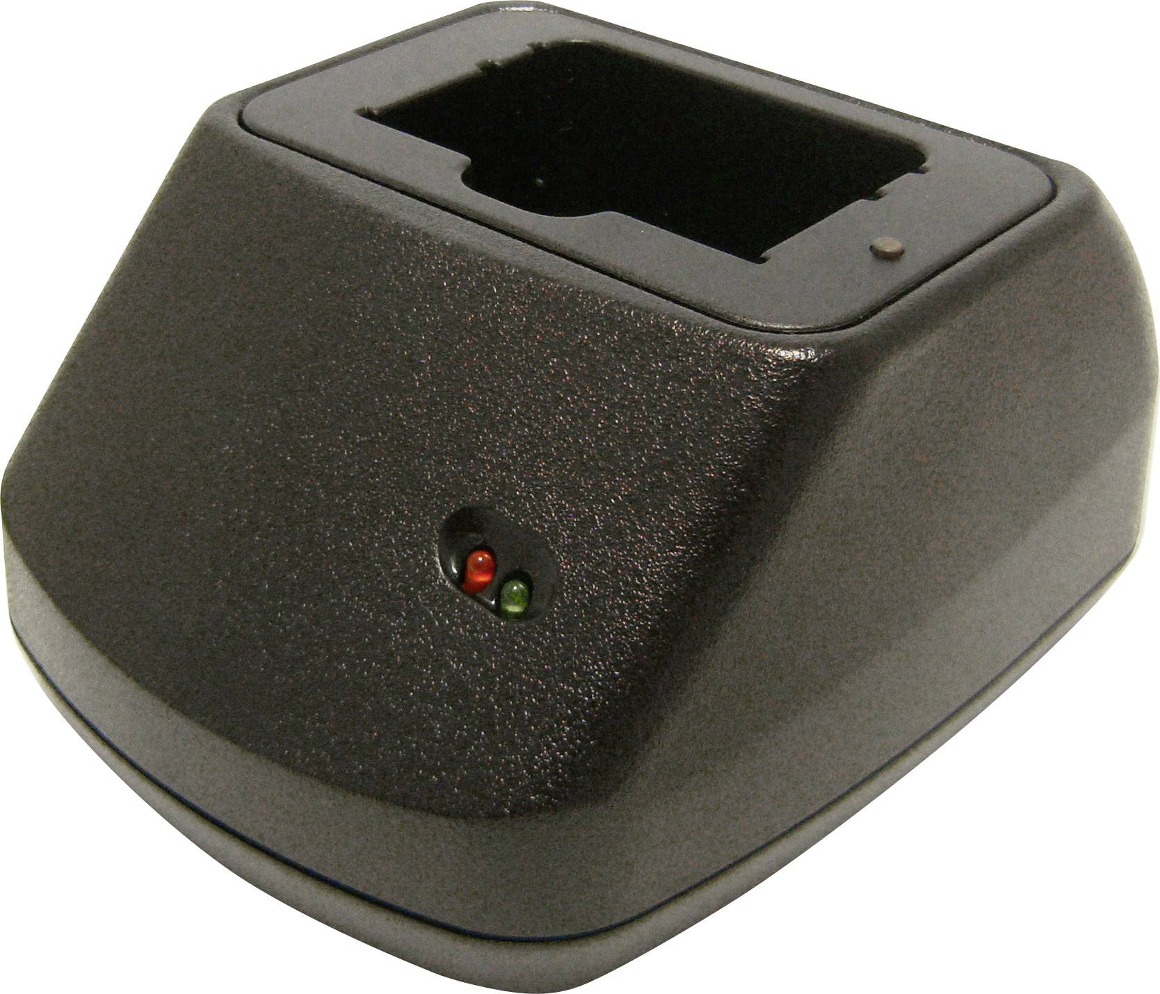Un chargeur noir avec deux voyants LED, un rouge et un vert. Adapté pour charger des appareils compacts.