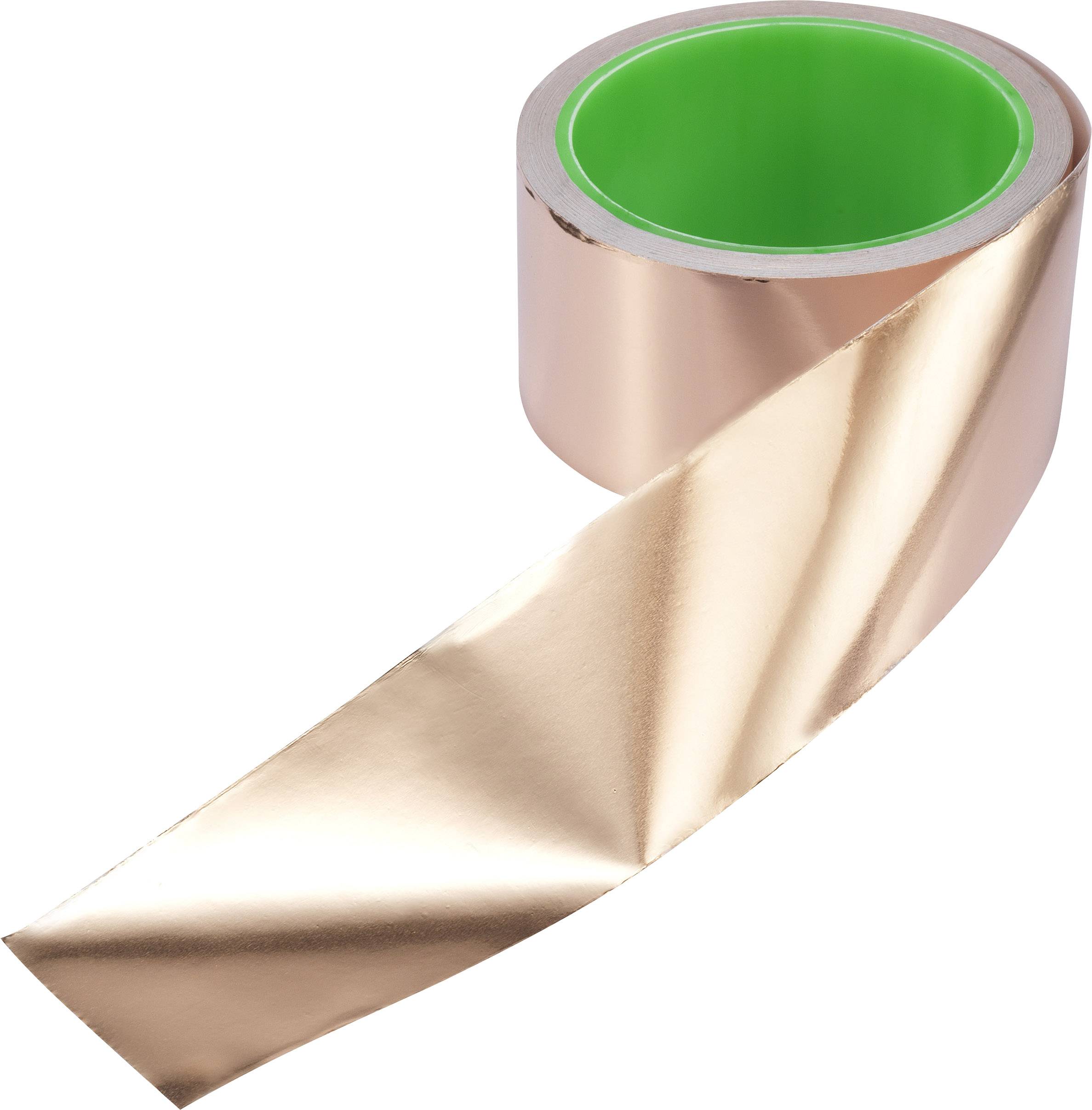 Rouleau de feuille de cuivre brillante avec un noyau intérieur vert, enroulé et partiellement déroulé, matériau pour électrotechnique ou artisanat.