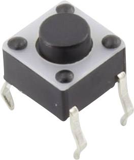 Un petit bouton-poussoir carré avec un capuchon noir et quatre petites pattes métalliques, généralement utilisé dans les circuits électroniques.