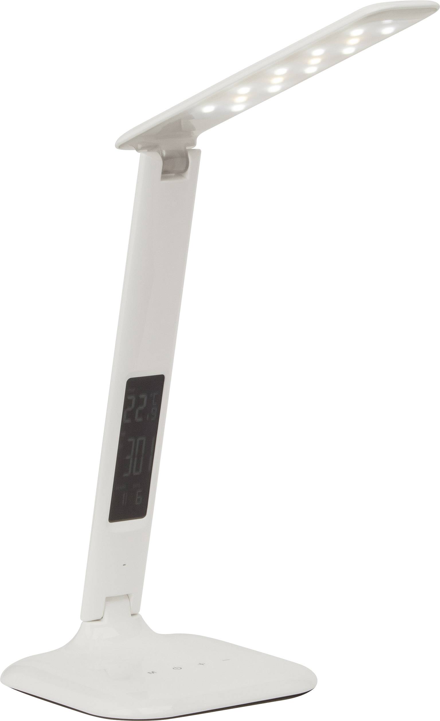 Lampe de table blanche avec bras ajustable, éclairage LED et écran intégré pour l'affichage de la température et de l'heure.