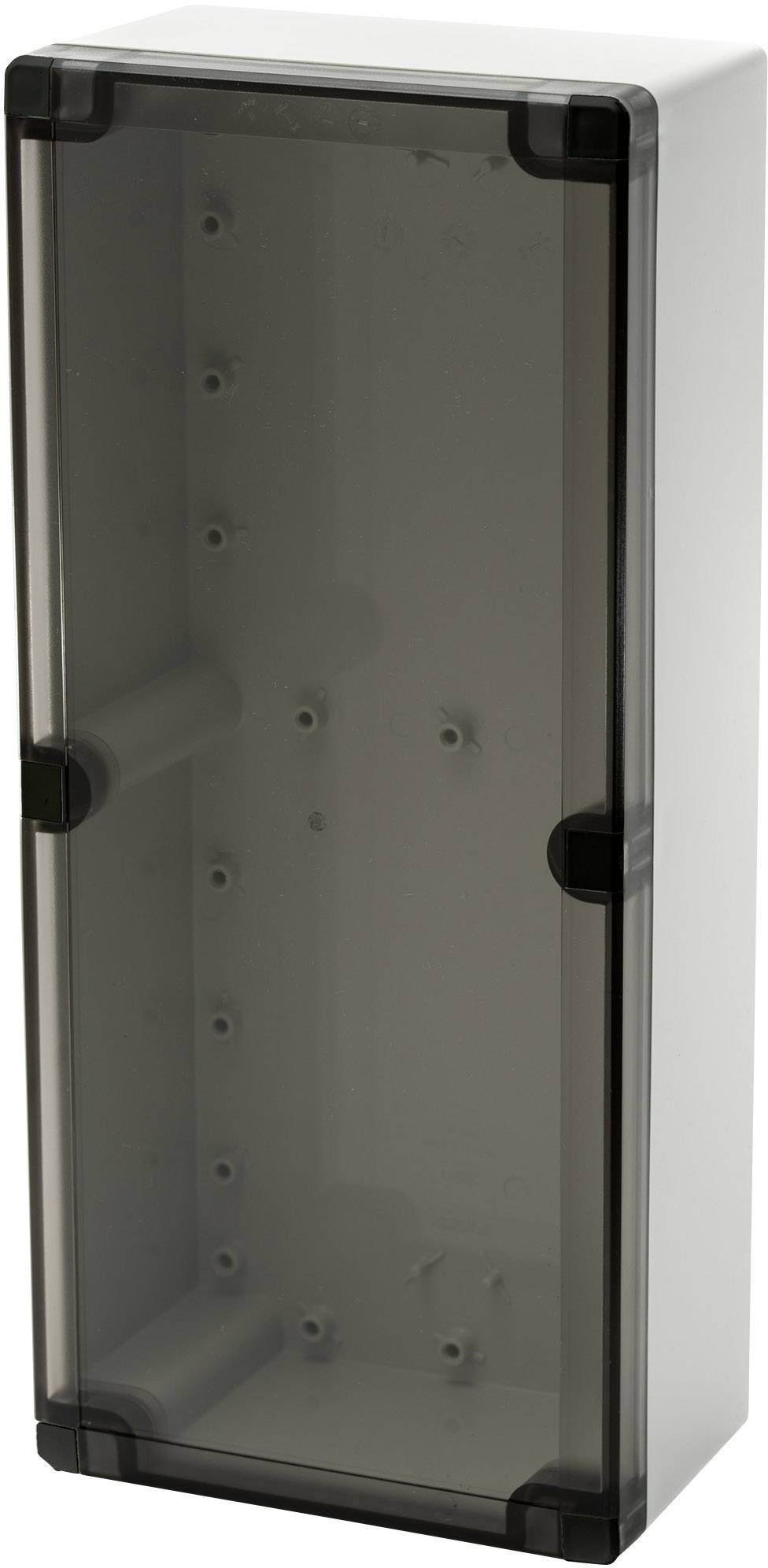 Boîtier rectangulaire en plastique gris avec couvercle transparent couleur fumée, adapté aux installations électroniques ou de câblage.