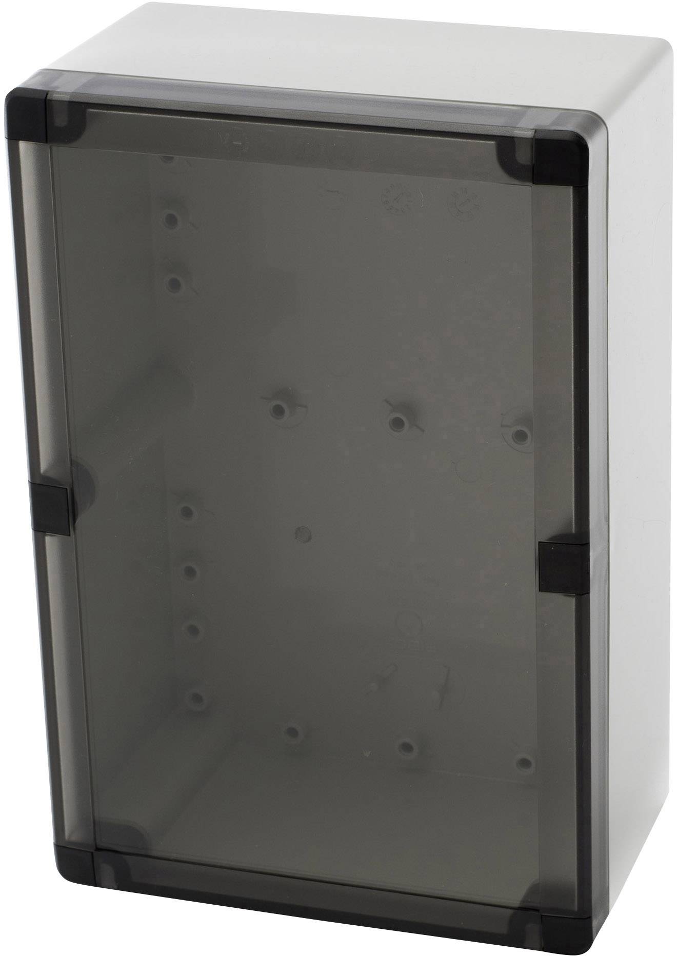 Boîte en plastique gris-noir avec couvercle transparent et charnières, adaptée aux installations électrotechniques.