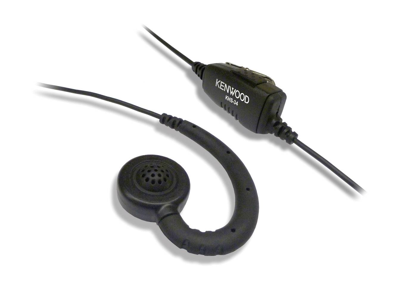 Un ensemble d'écouteurs noir avec un arceau d'oreille incurvé et un câble avec une fiche Kenwood.