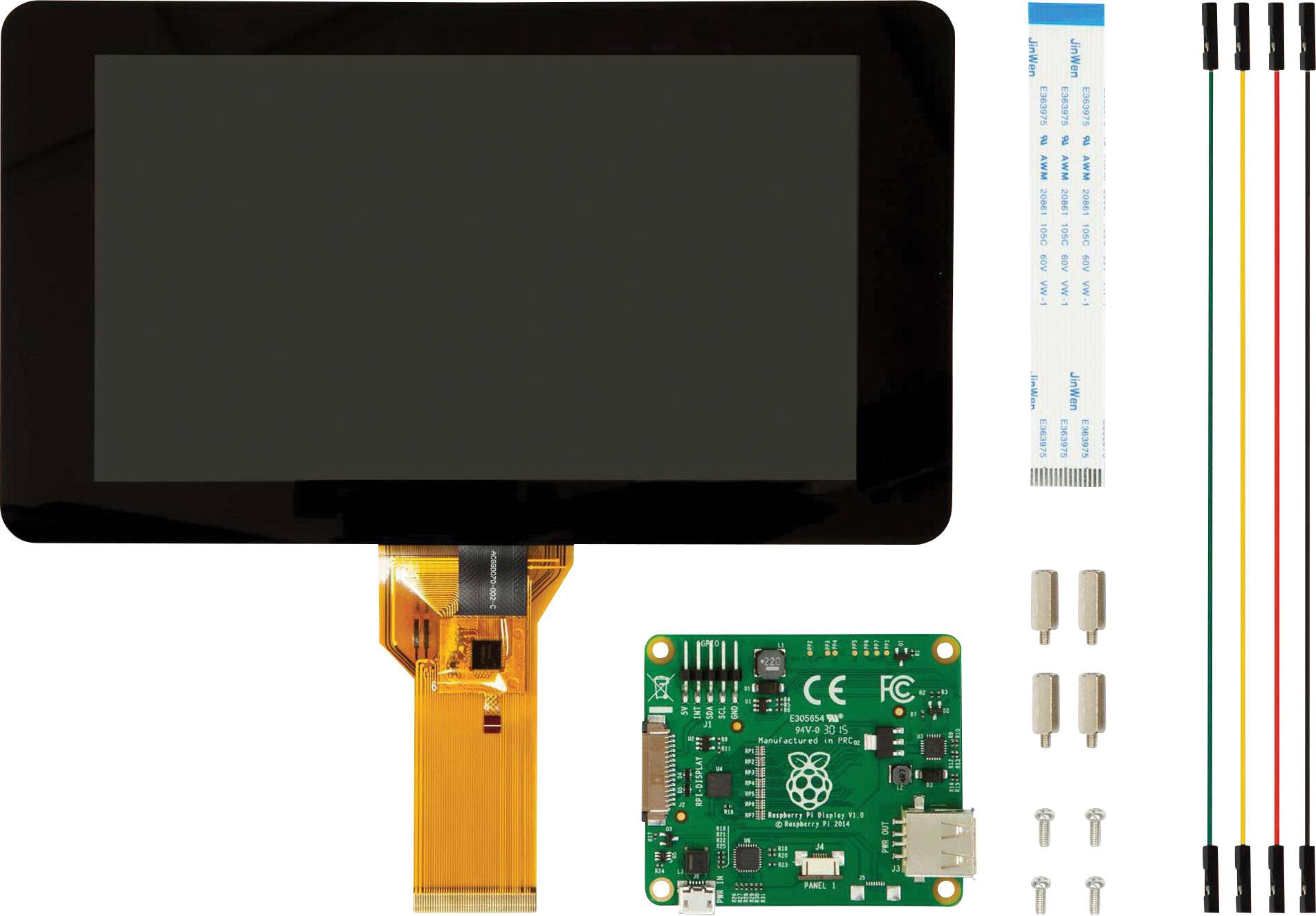 Un écran Raspberry Pi avec accessoires : câble en nappe, connecteurs, vis, câbles de couleur et carte Raspberry Pi.