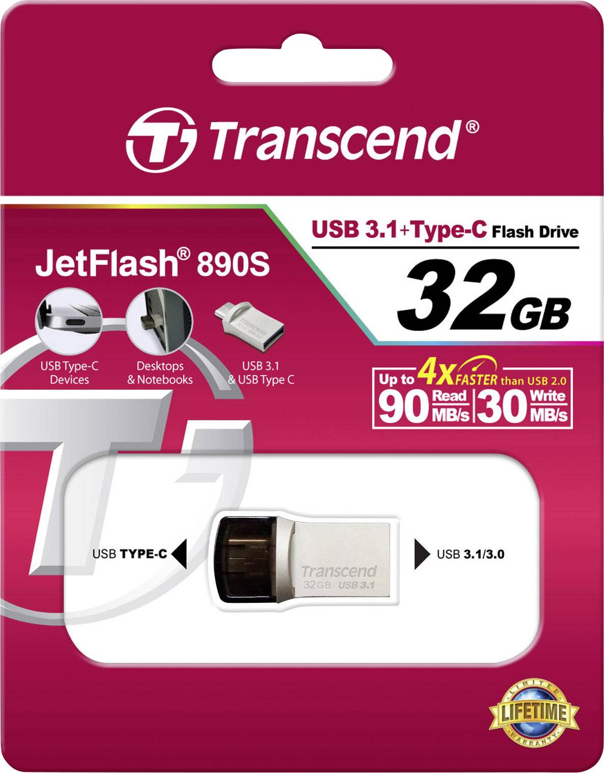Mémoire supplémentaire USB pour smartphone/tablette Transcend JetFlash® 890 argent 32 GB USB 3.1 (2è gén.), USB-C®