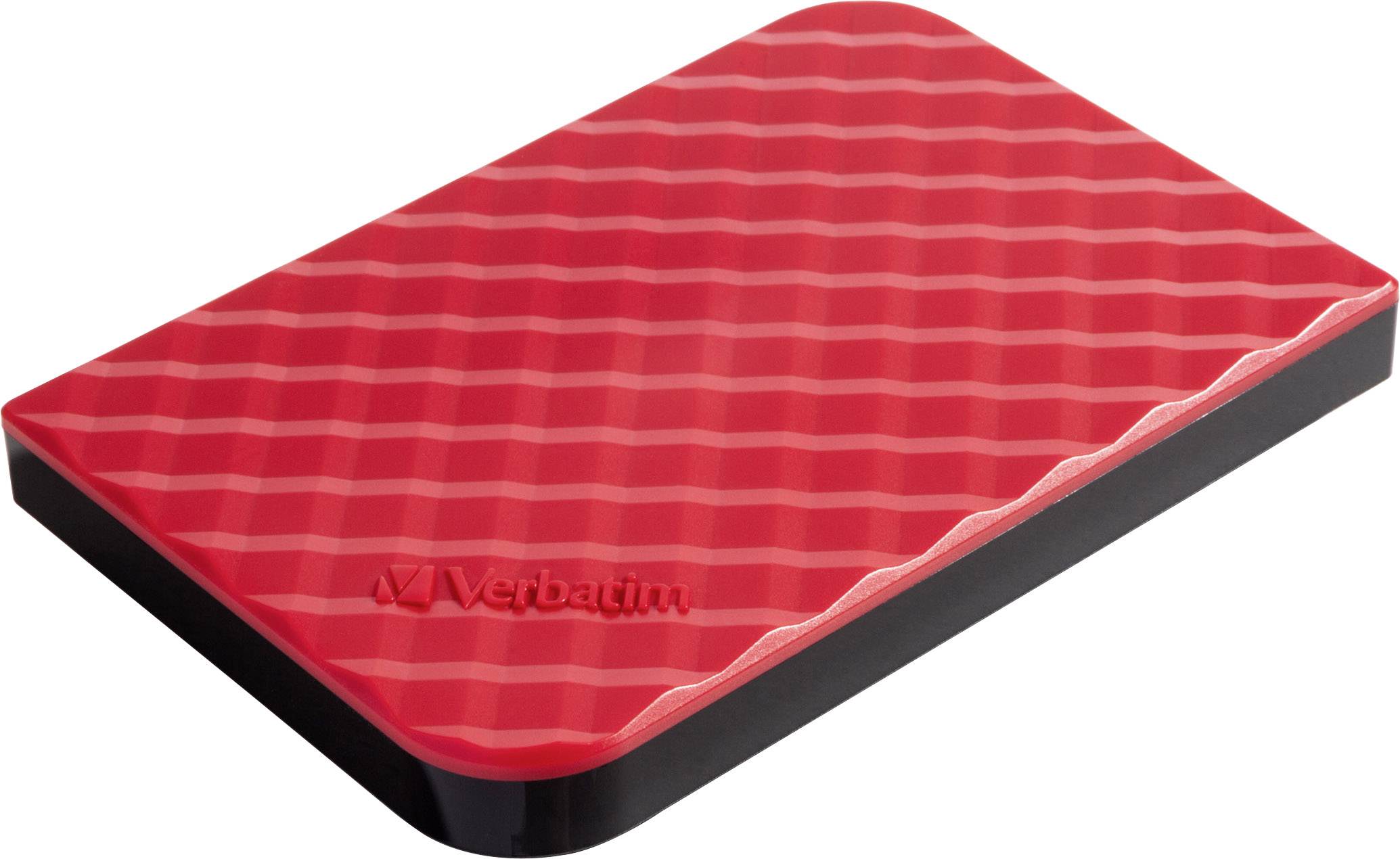 Disque dur externe, rouge avec une surface légèrement ondulée. Logo Verbatim dans le coin. Support de stockage portable pour données.