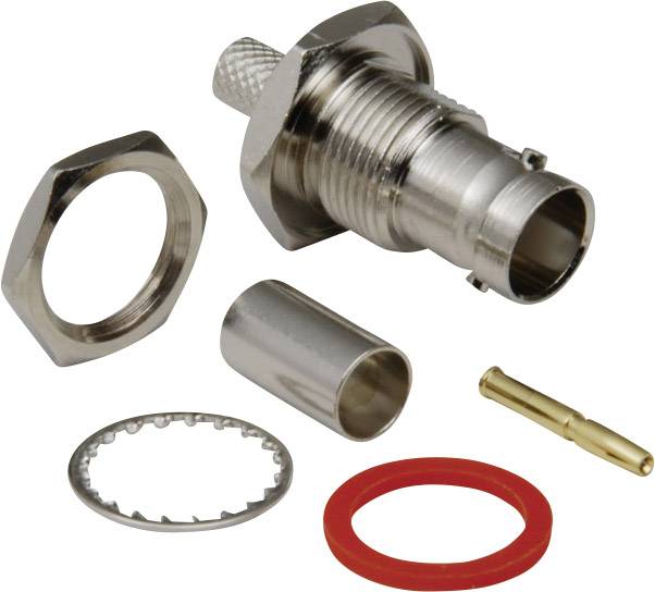 Composants d'un connecteur BNC, comprenant une broche métallique, un écrou hexagonal, une douille métallique, un joint d'étanchéité et une broche de contact.