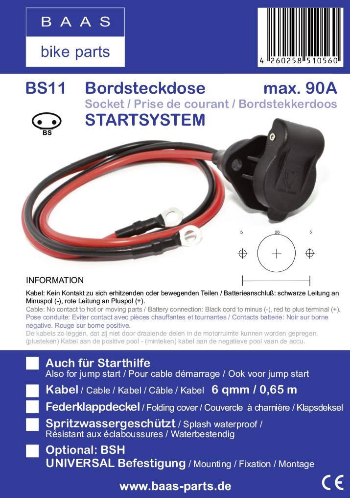 Prise avec câble rouge et noir, max. 90A. Le texte décrit les détails techniques et les accessoires de BAAS 'bike parts'. URL : www.baas-parts.de.
