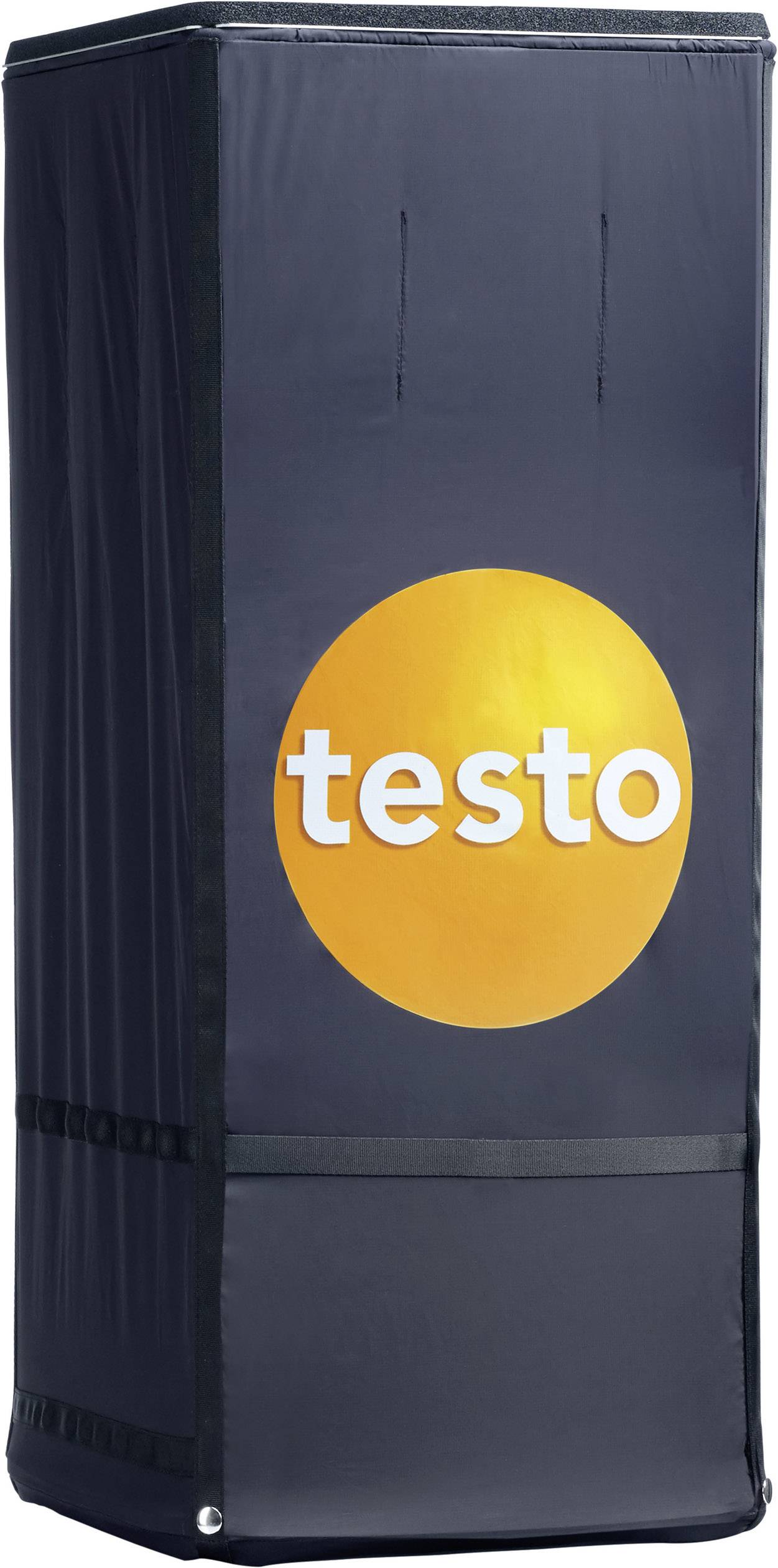 Couverture sombre avec le logo 'testo'. Utilisée pour mesurer la ventilation ou l'apport d'air.