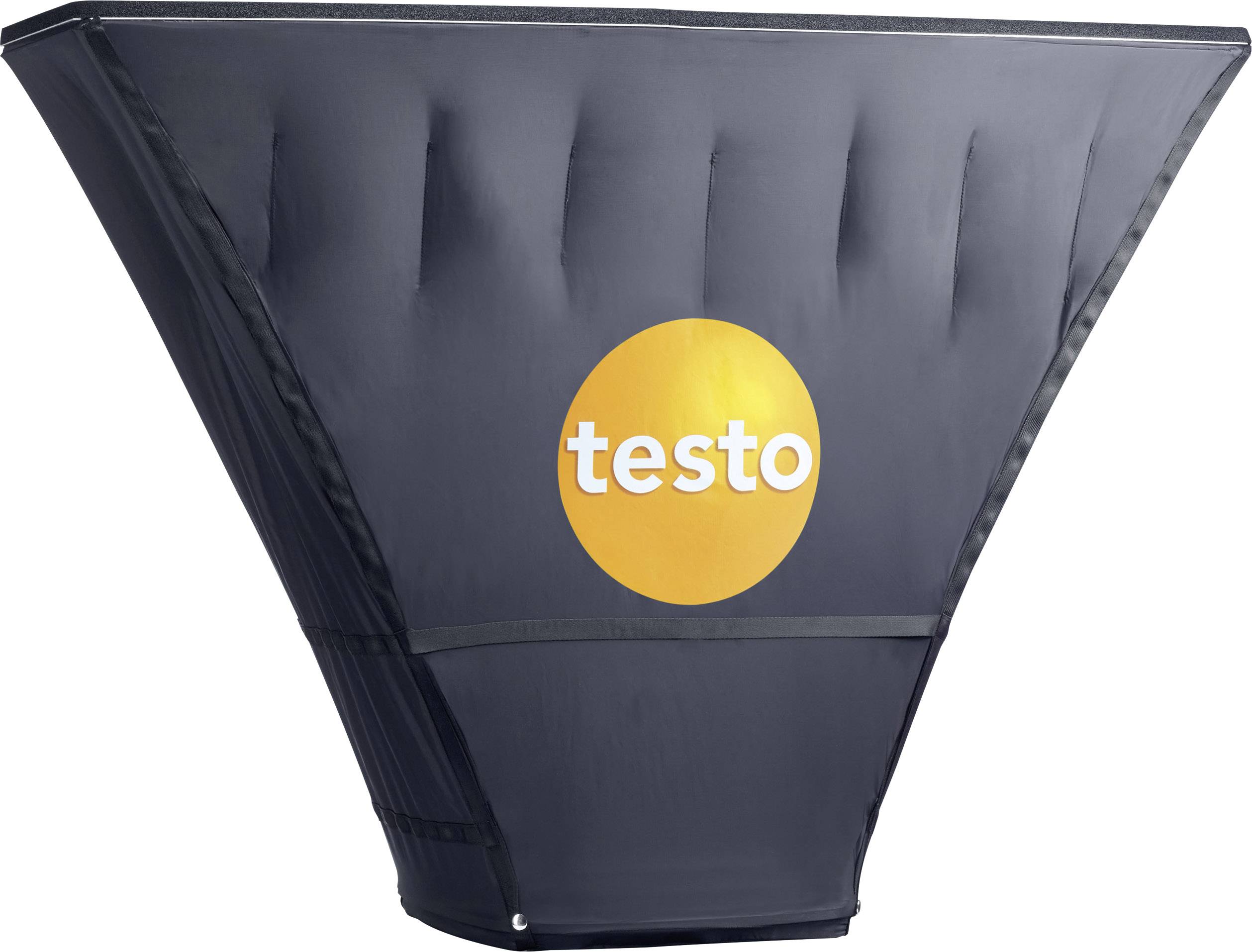 Un cône de mesure de débit d'air noir, en forme de coin, portant le logo orange 'testo'.