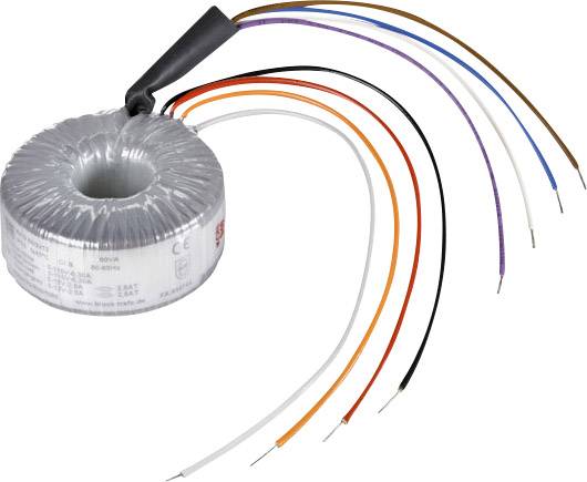 Un transformateur à noyau toroïdal avec plusieurs câbles de couleur, adapté pour le raccordement dans des appareils électroniques.