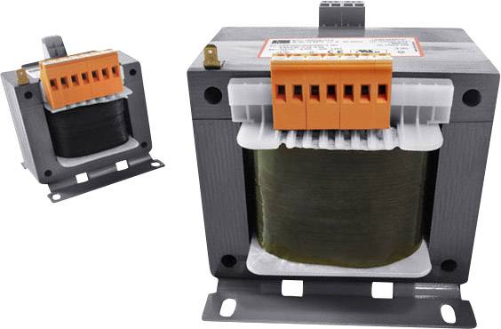 Deux transformateurs avec des bornes de connexion orange et un boîtier rectangulaire, utilisés pour le transfert d'énergie électrique.