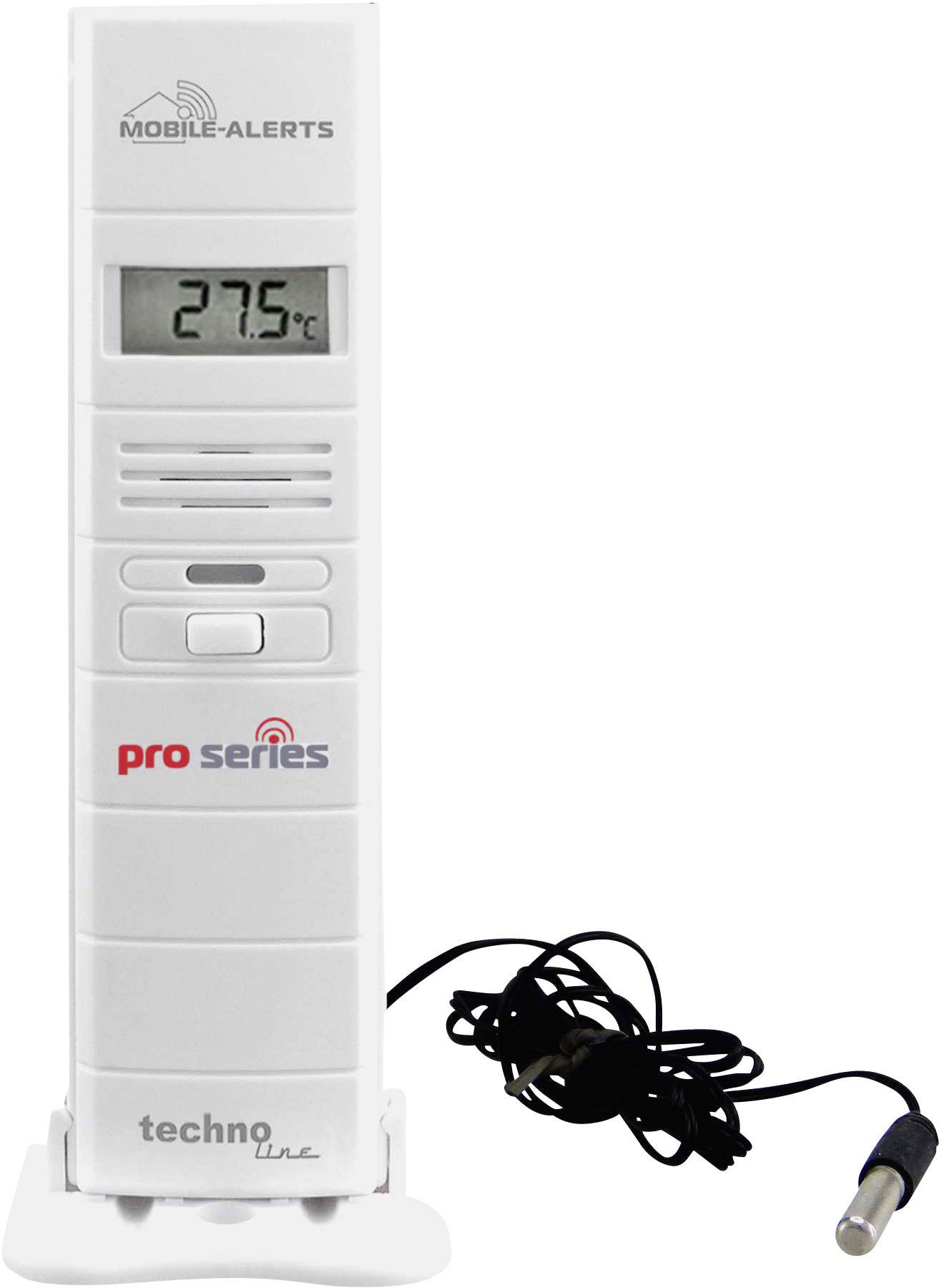 Thermomètre numérique avec sonde externe, affichant 27,5°C sur un petit écran. Marque 'Mobile Alerts'.